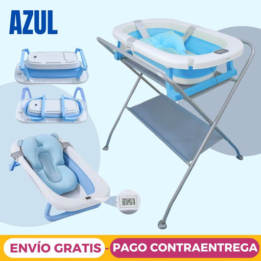 Bañera Plegable con Soporte Alto, Cojín Acolchado y termómetro