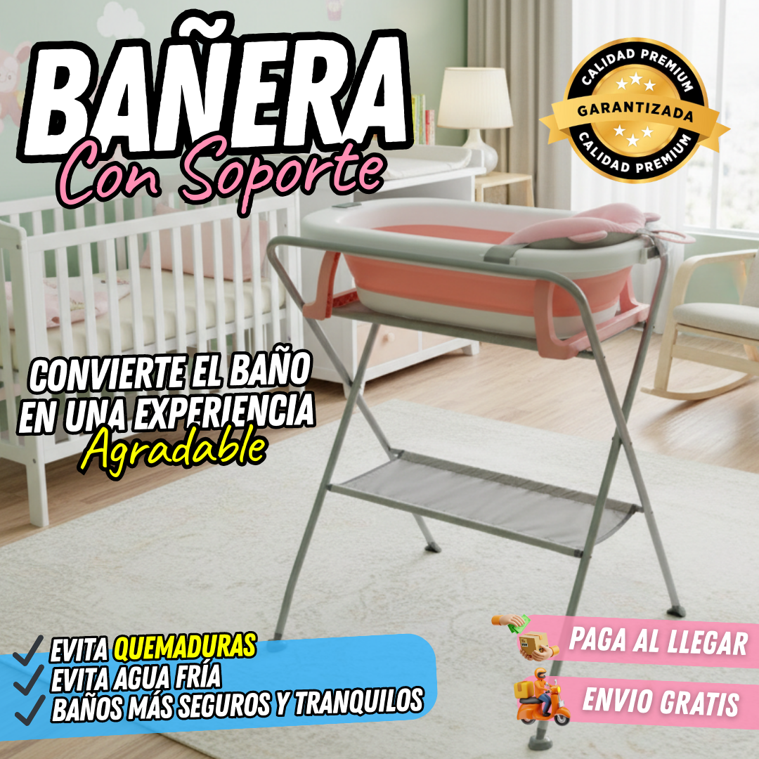 Bañera Plegable con Soporte Alto, Cojín Acolchado y termómetro