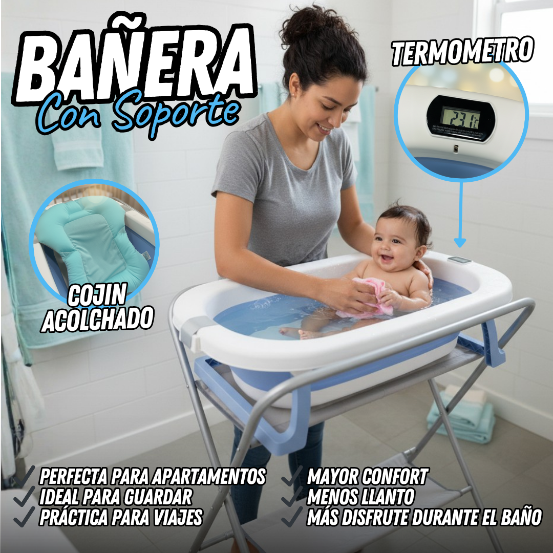Bañera Plegable con Soporte Alto, Cojín Acolchado y termómetro