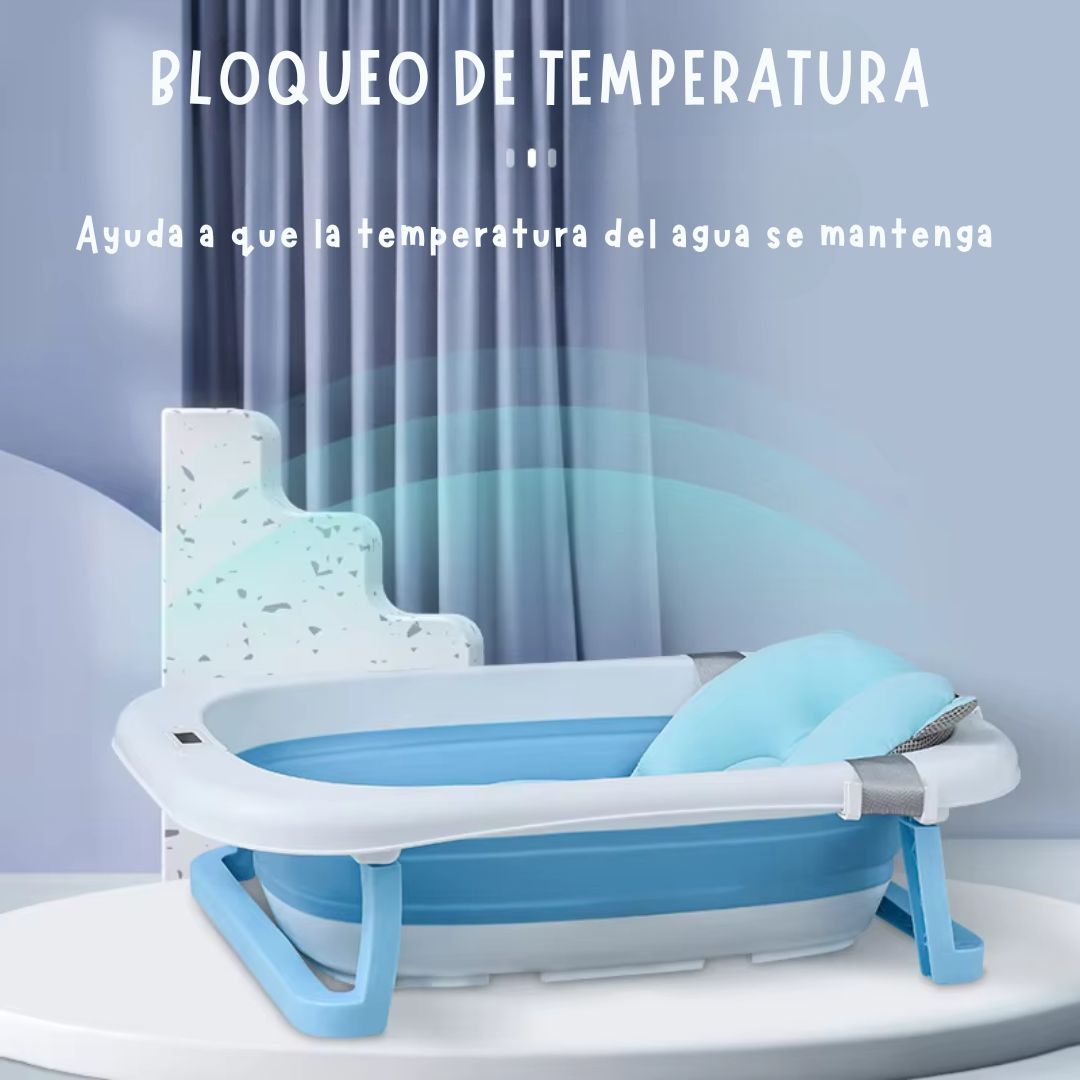 Bañera Plegable con Soporte Alto, Cojín Acolchado y termómetro