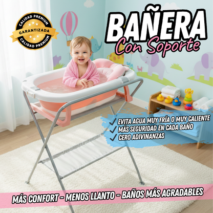 Bañera Plegable con Soporte Alto, Cojín Acolchado y termómetro