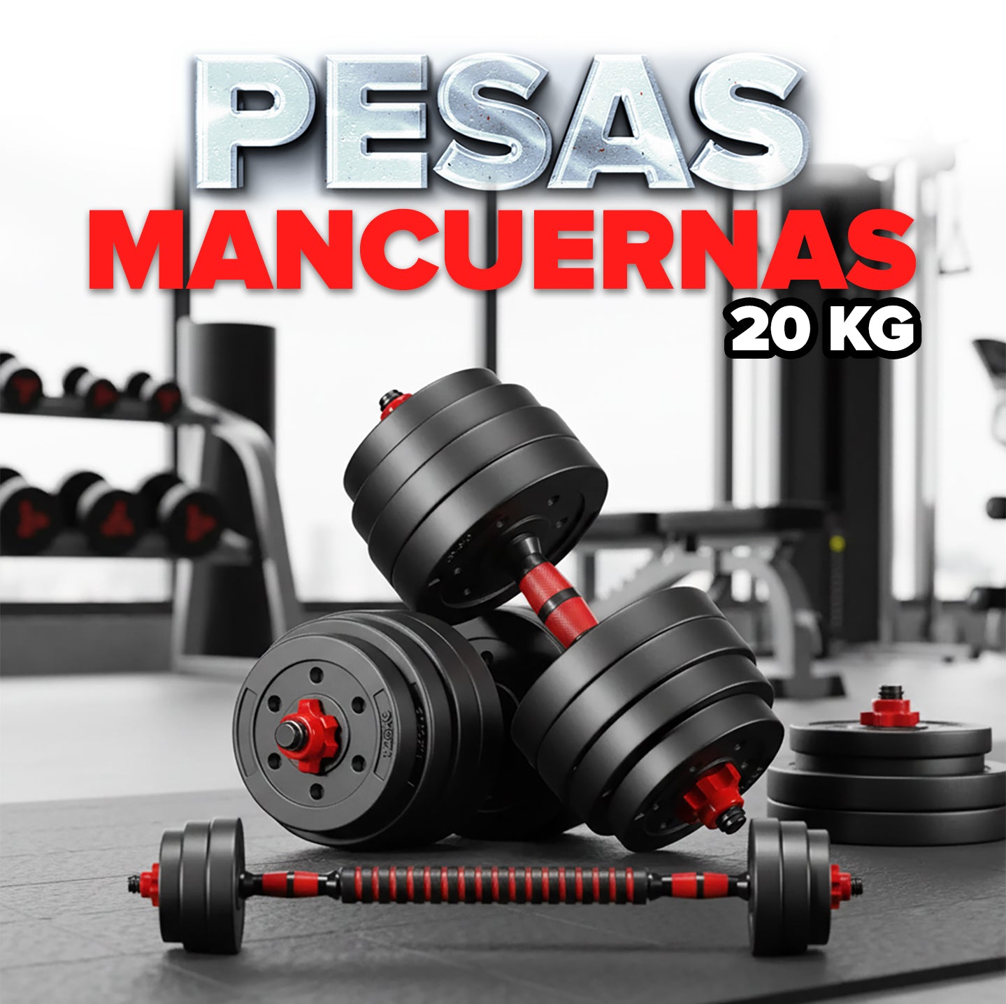 Pesas Mancuerna 20kg Set Convertible A Barra Y Pesa Rusa