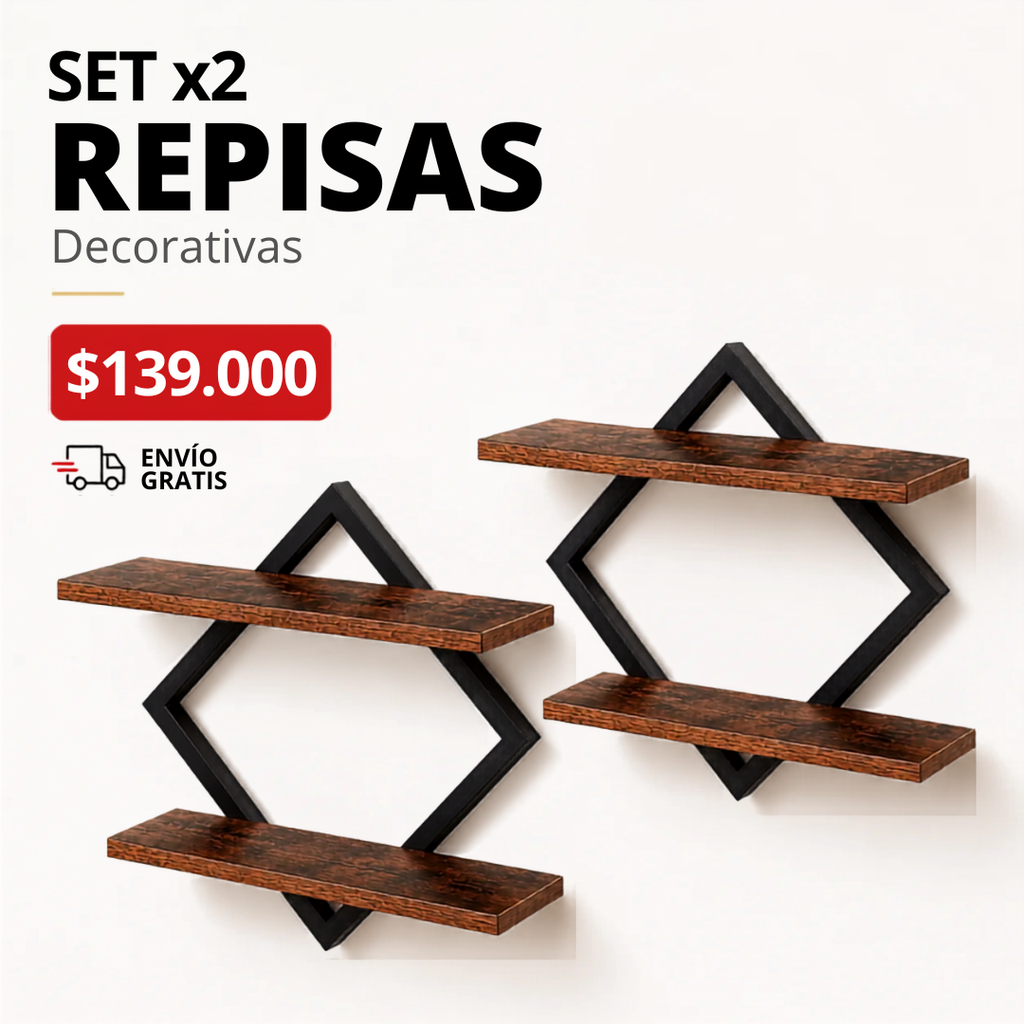 Set x2 Repisas Flotantes Geométricas Premium en Madera