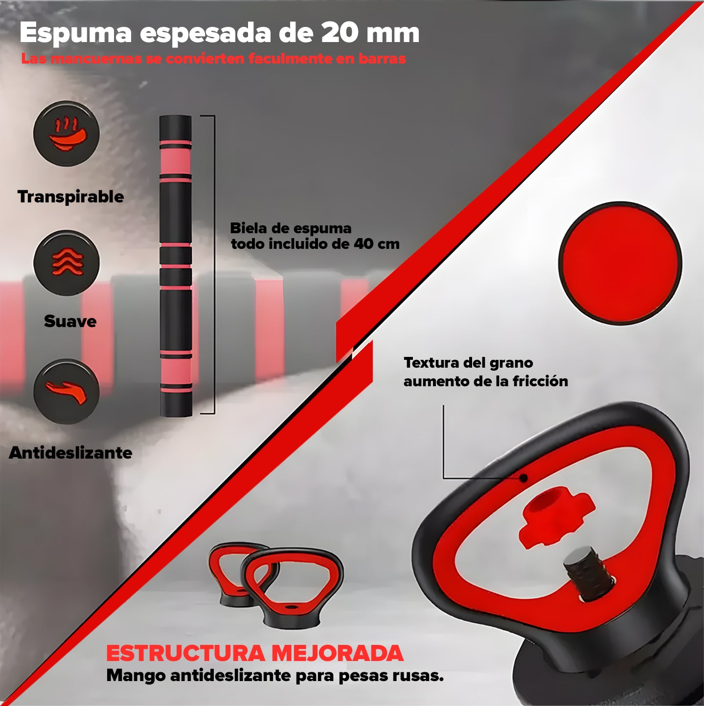 Pesas Mancuerna 20kg Set Convertible A Barra Y Pesa Rusa