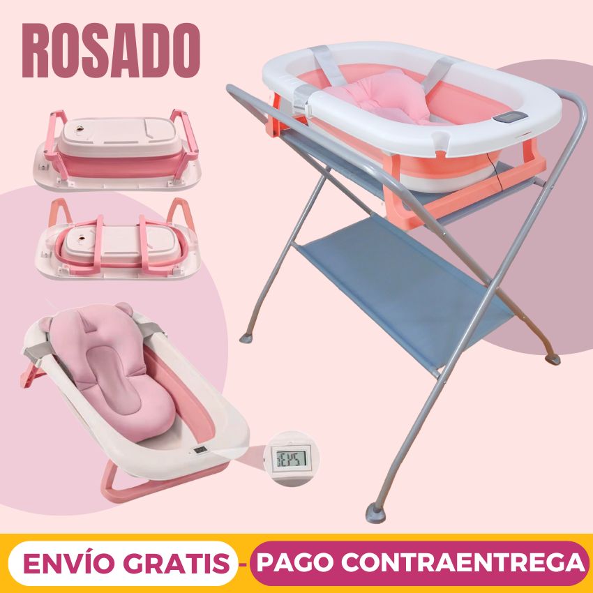 Bañera Plegable con Soporte Alto, Cojín Acolchado y termómetro