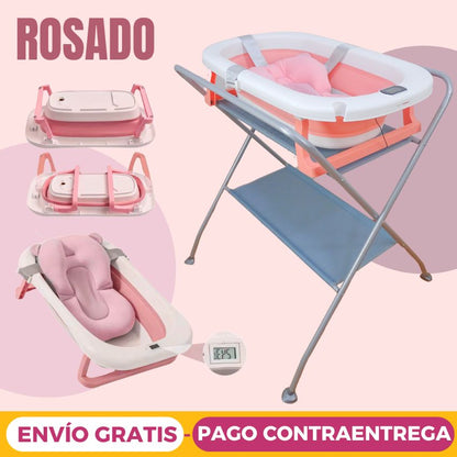 Bañera Plegable con Soporte Alto, Cojín Acolchado y termómetro