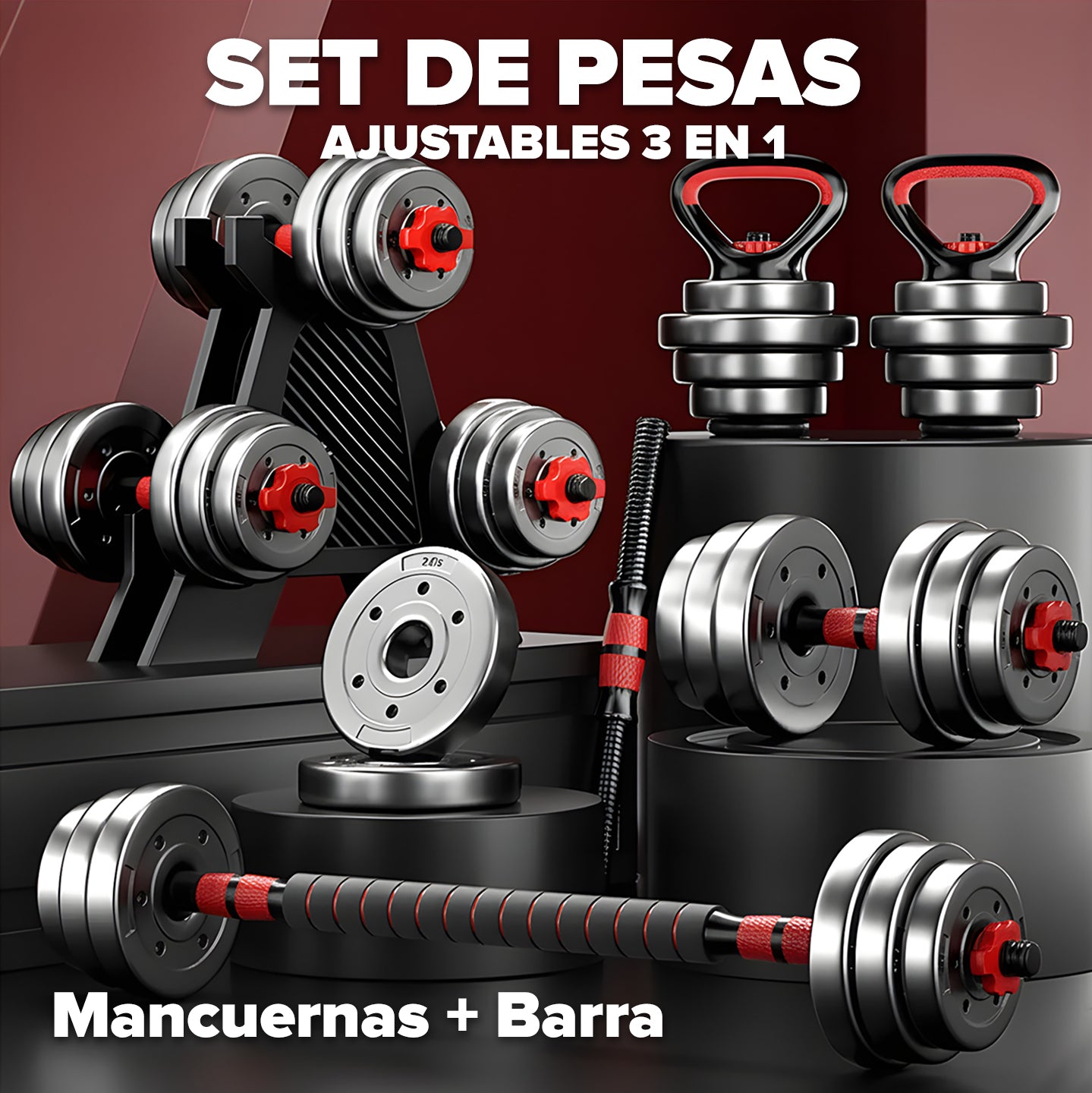 Pesas Mancuerna 20kg Set Convertible A Barra Y Pesa Rusa