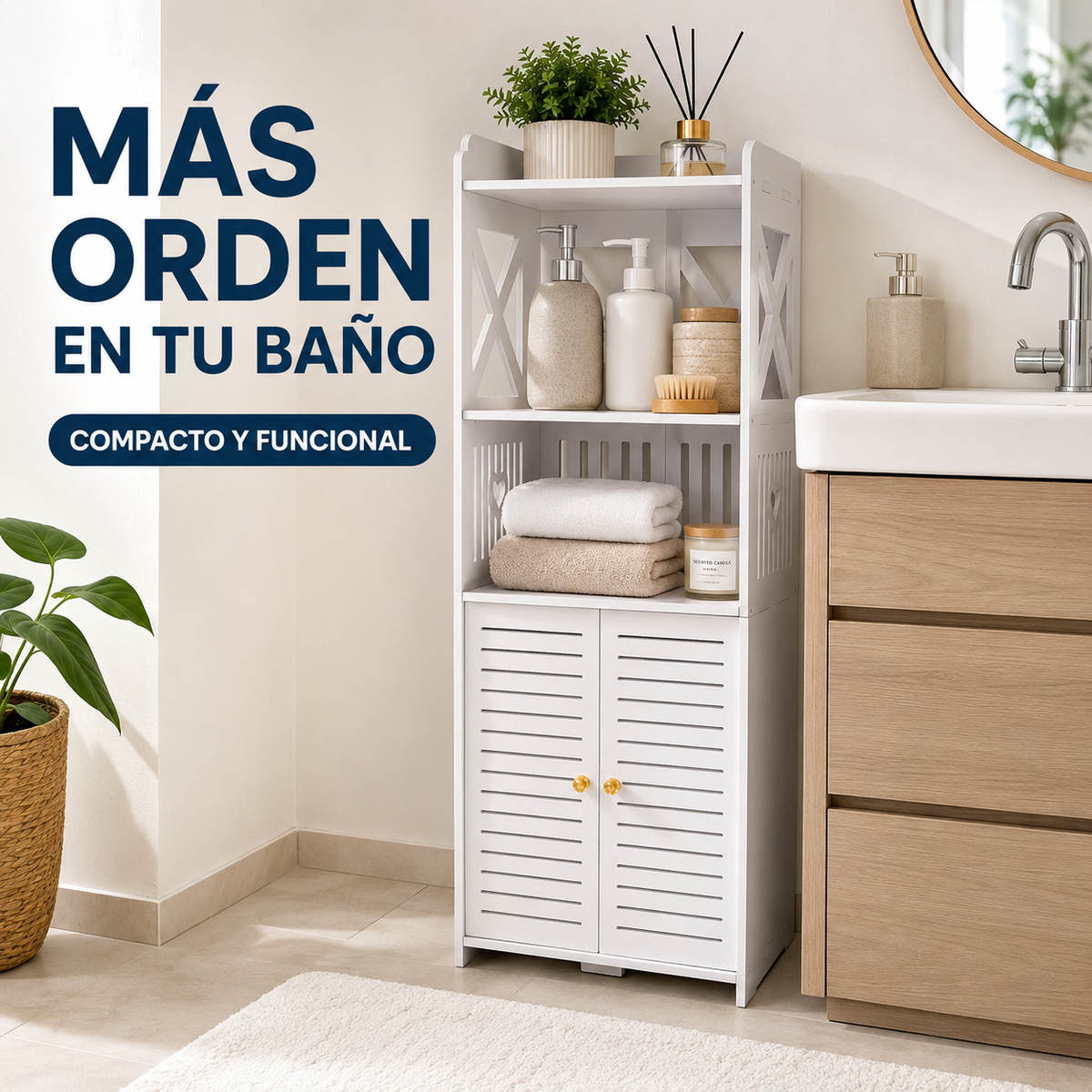 🧺 Organizador Multiusos en Madera PVC 🚪 Puertas y estantes | 💧 Resistente a la humedad | ✨ Fácil de limpiar | 📏 Compacto y funcional