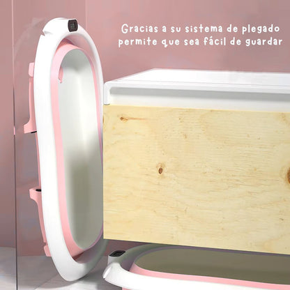 Bañera Plegable con Soporte Alto, Cojín Acolchado y termómetro