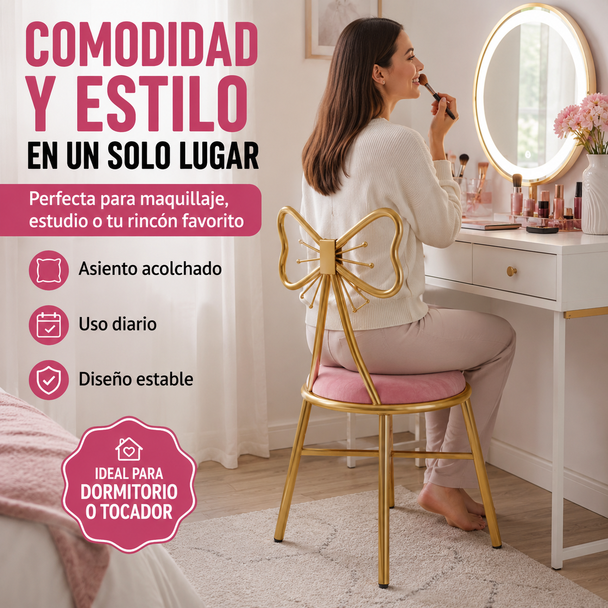Silla Tocador Mariposa Dorada Acolchada Premium