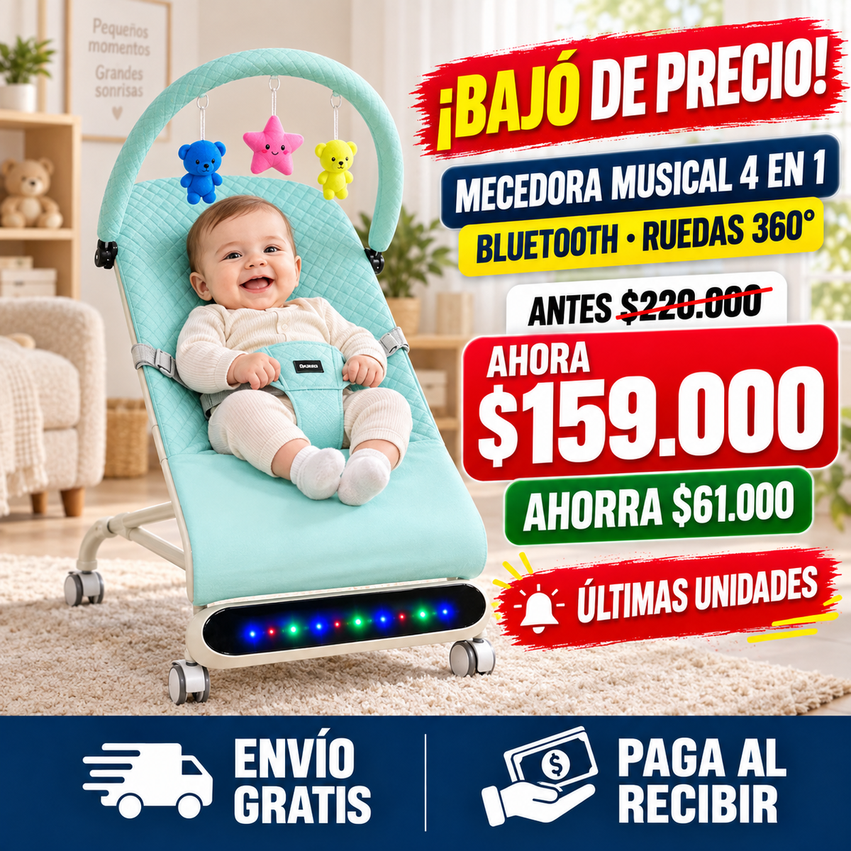 Mecedora Móvil Musical para Bebé 4 en 1 con Bluetooth