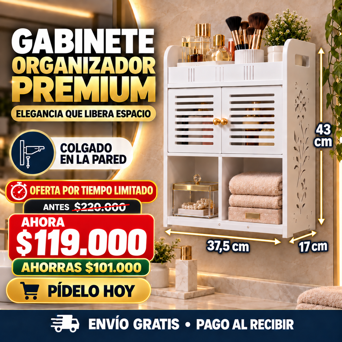 Gabinete Organizador Premium para Baño Con Repisas y Compartimento Cerrado