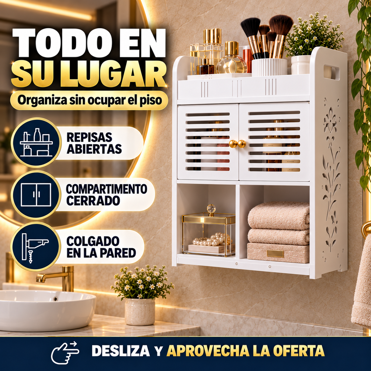 Gabinete Organizador Premium para Baño Con Repisas y Compartimento Cerrado
