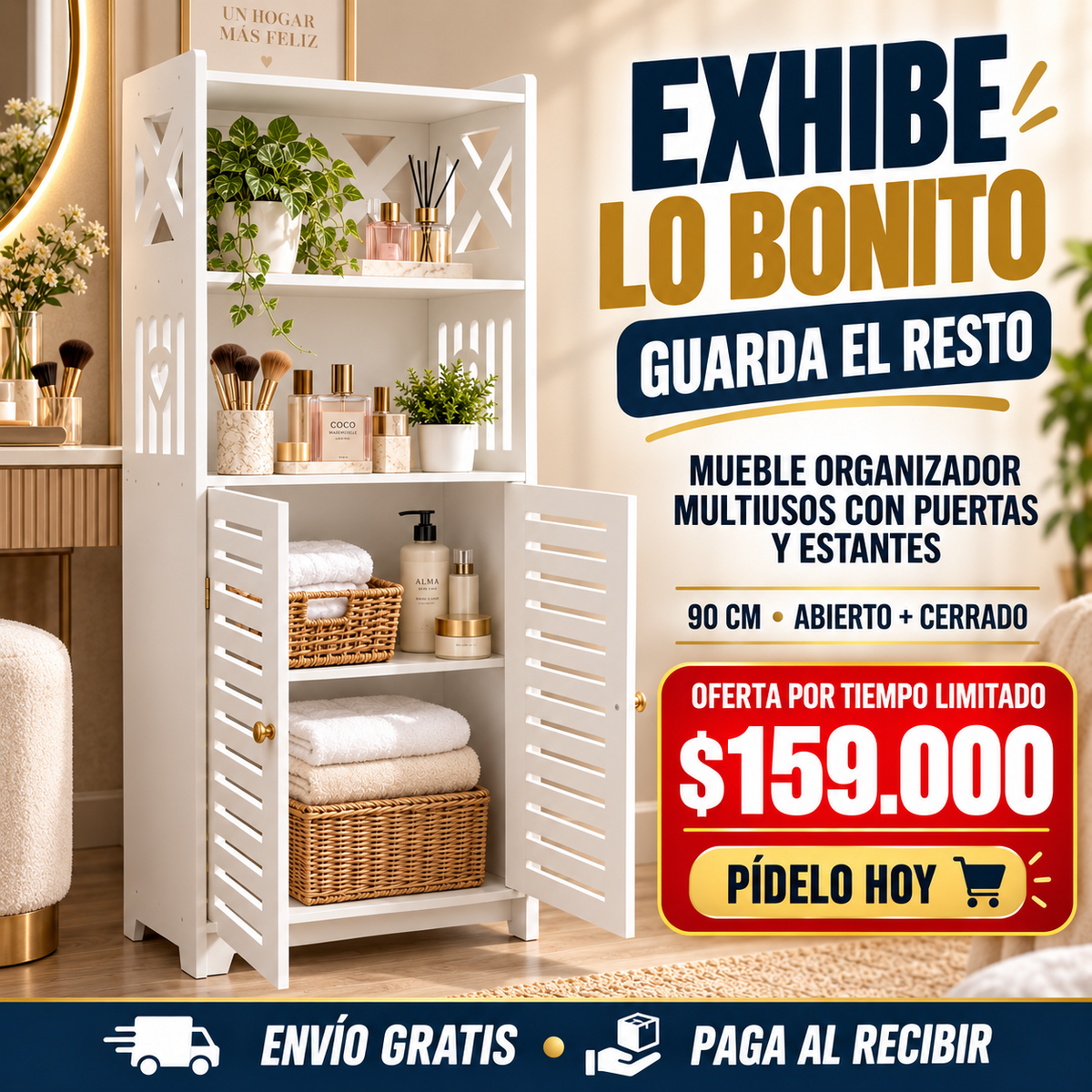 🧺 Organizador Multiusos en Madera PVC 🚪 Puertas y estantes | 💧 Resistente a la humedad | ✨ Fácil de limpiar | 📏 Compacto y funcional