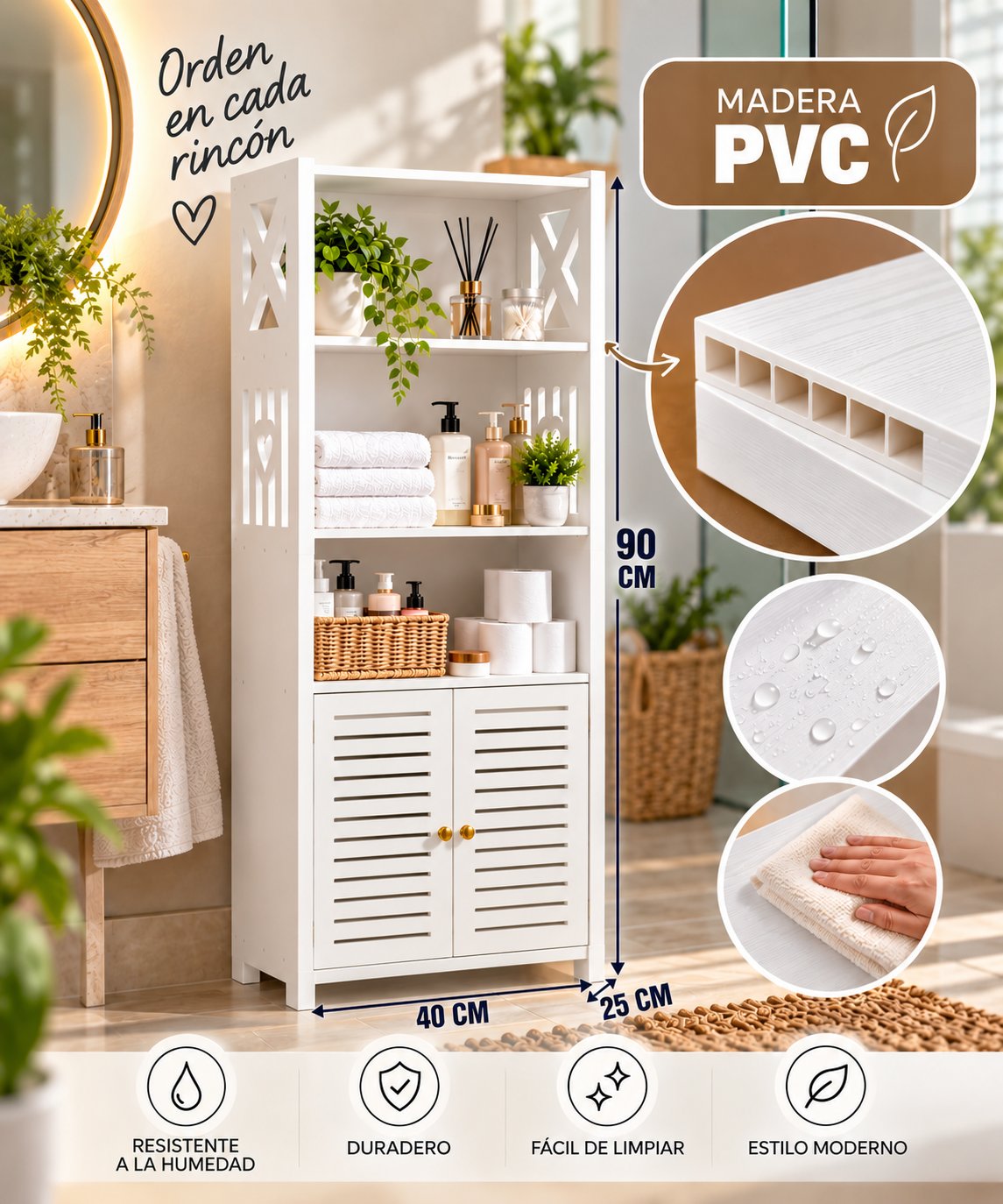 🧺 Organizador Multiusos en Madera PVC 🚪 Puertas y estantes | 💧 Resistente a la humedad | ✨ Fácil de limpiar | 📏 Compacto y funcional
