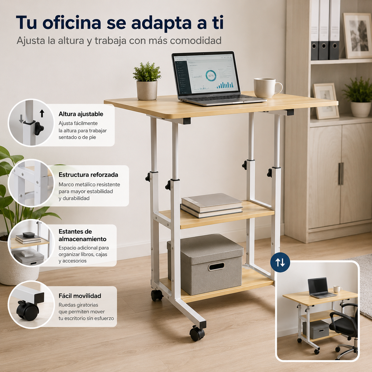 Mesa Plegable de Madera – Altura Regulable Inteligente