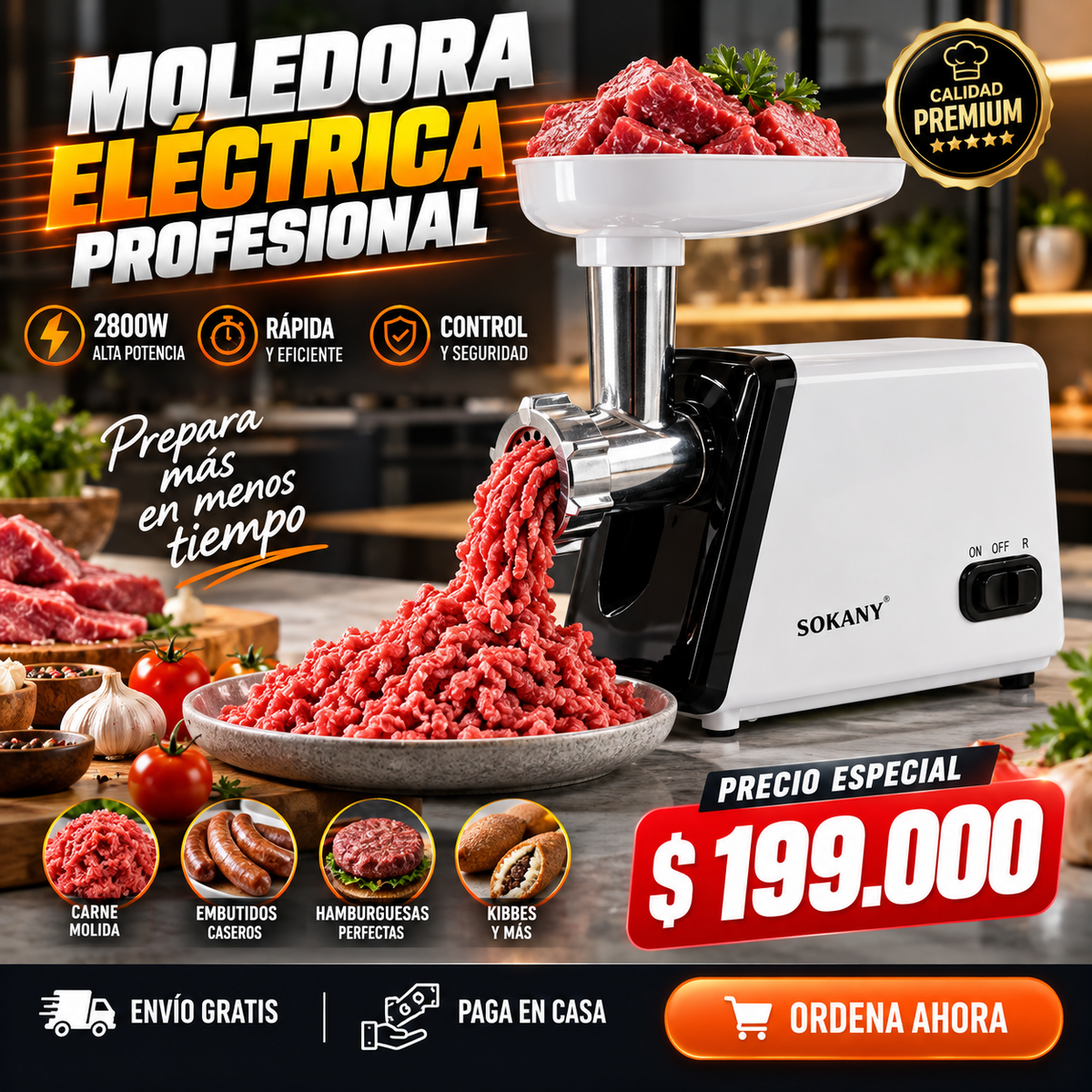 🔥 Moledora Eléctrica Profesional 2800W | Potencia, Rapidez y Control en Tu Cocina