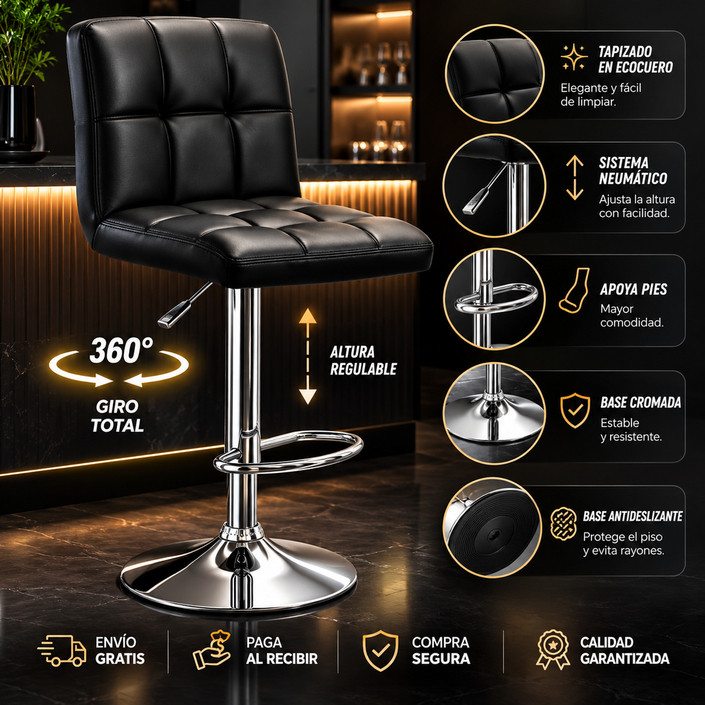 Silla Tipo Bar Giratoria 360° con Sistema Neumático