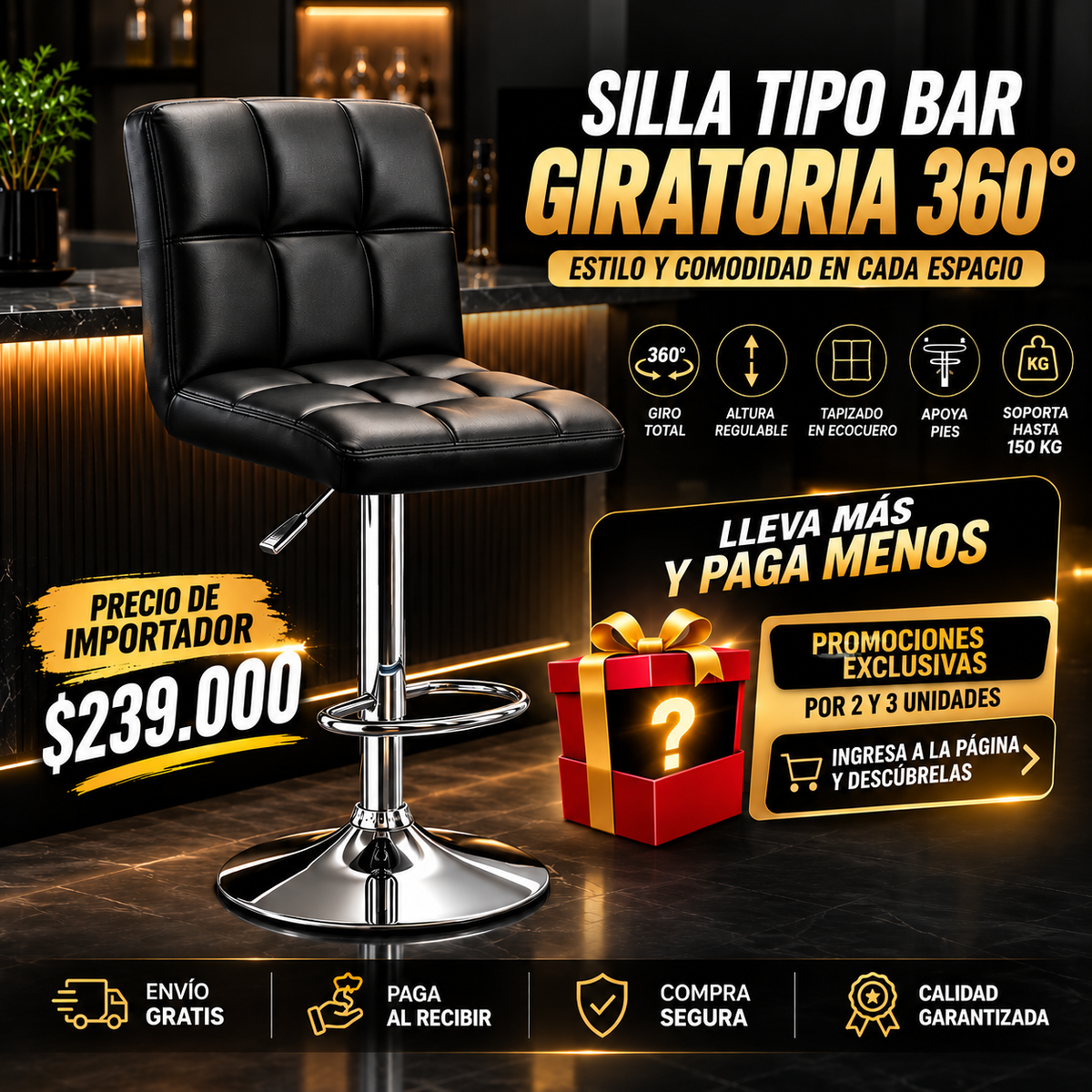 Silla Tipo Bar Giratoria 360° con Sistema Neumático