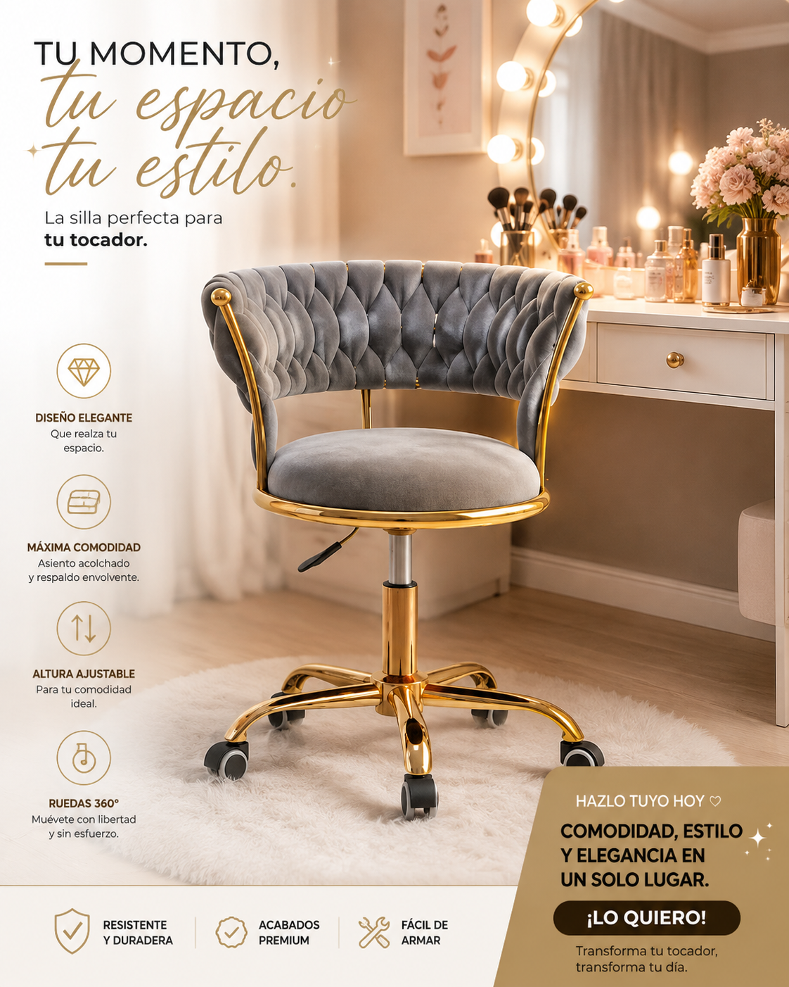 Silla Profesional de Estética Premium 360° con Altura Ajustable y Ruedas