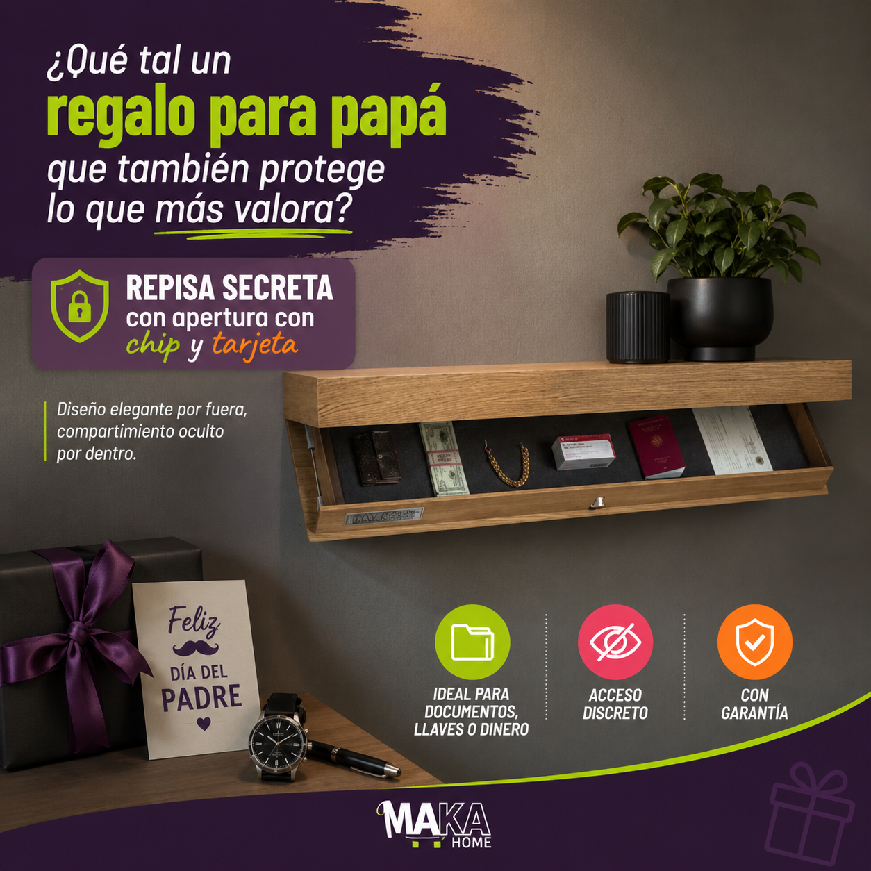 Repisa Flotante Antirrobo con Cajón Oculto y Sistema Electrónico con Tarjeta (50cm X 25cm X8cm)
