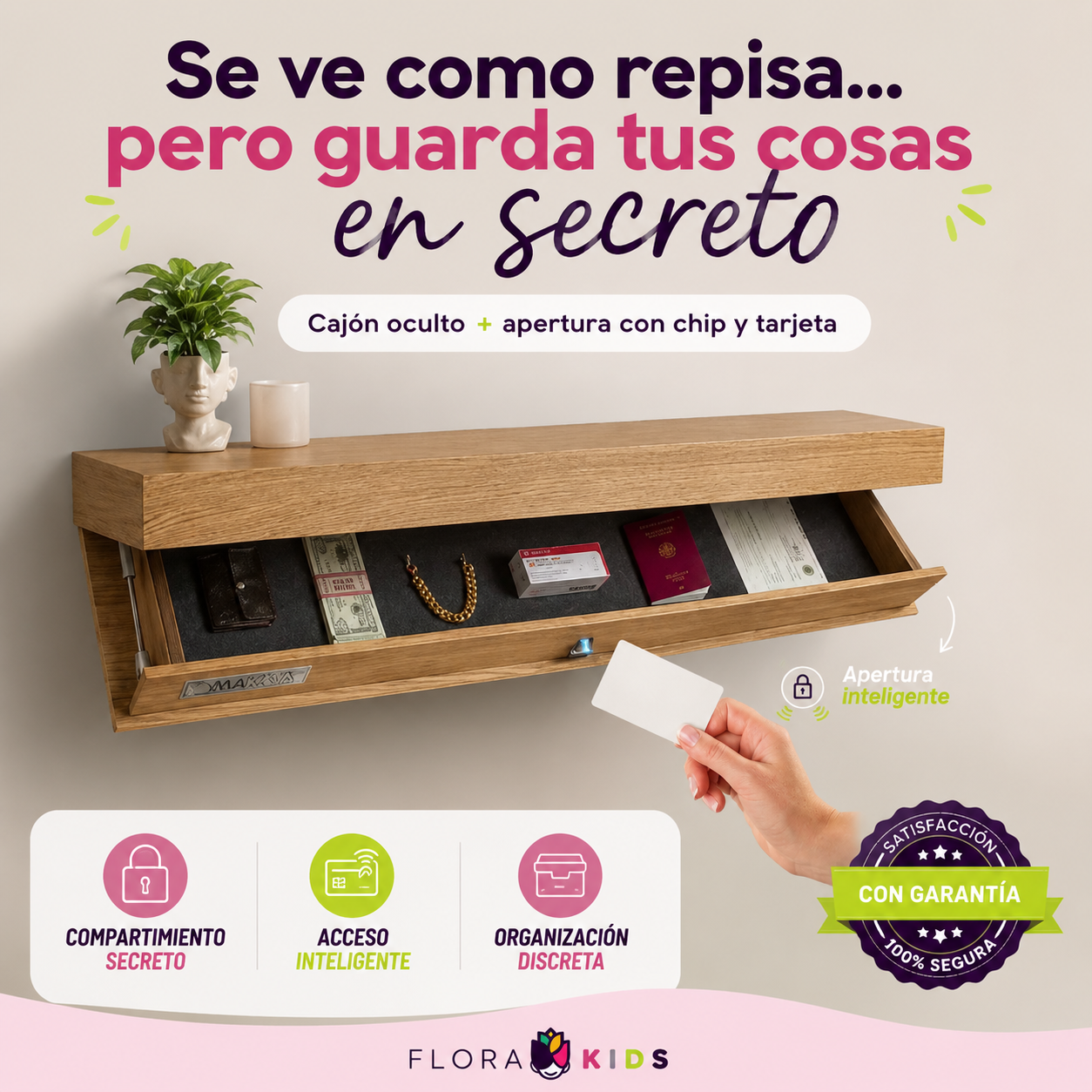 Repisa Flotante Antirrobo con Cajón Oculto y Sistema Electrónico con Tarjeta (50cm X 25cm X8cm)