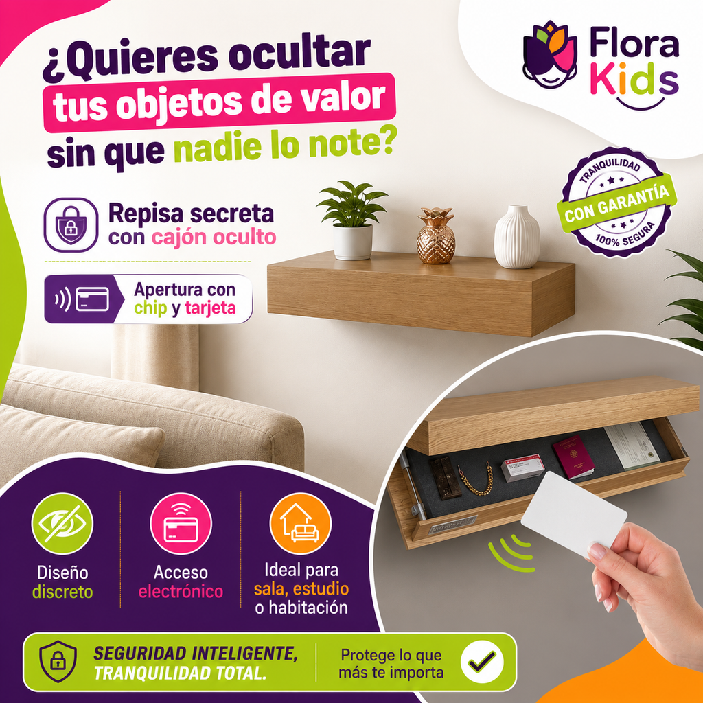 Repisa Flotante Antirrobo con Cajón Oculto y Sistema Electrónico con Tarjeta (50cm X 25cm X8cm)