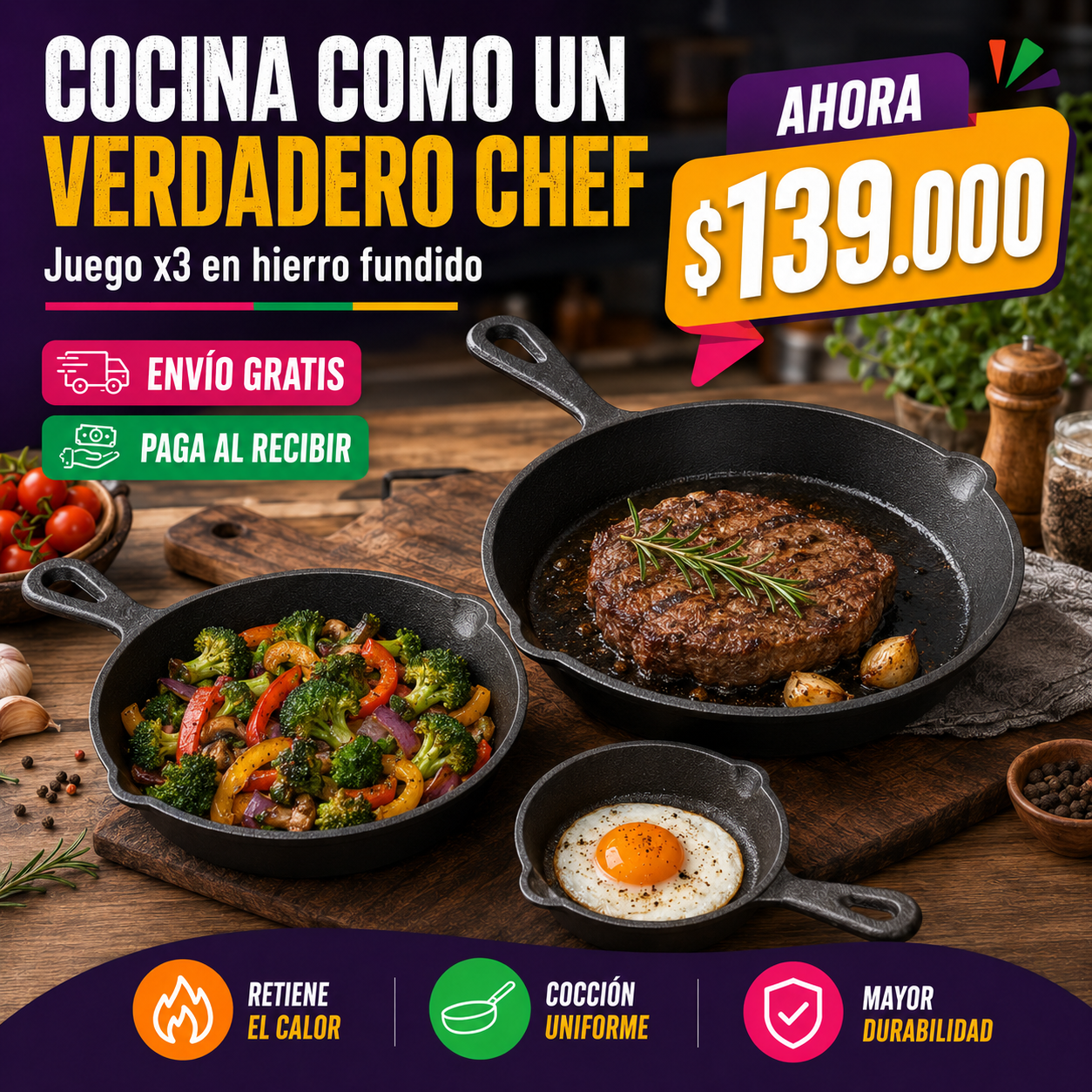 Juego De Sartenes, Hierro Fundido, X 3 Piezas (Grande, mediano y pequeño)