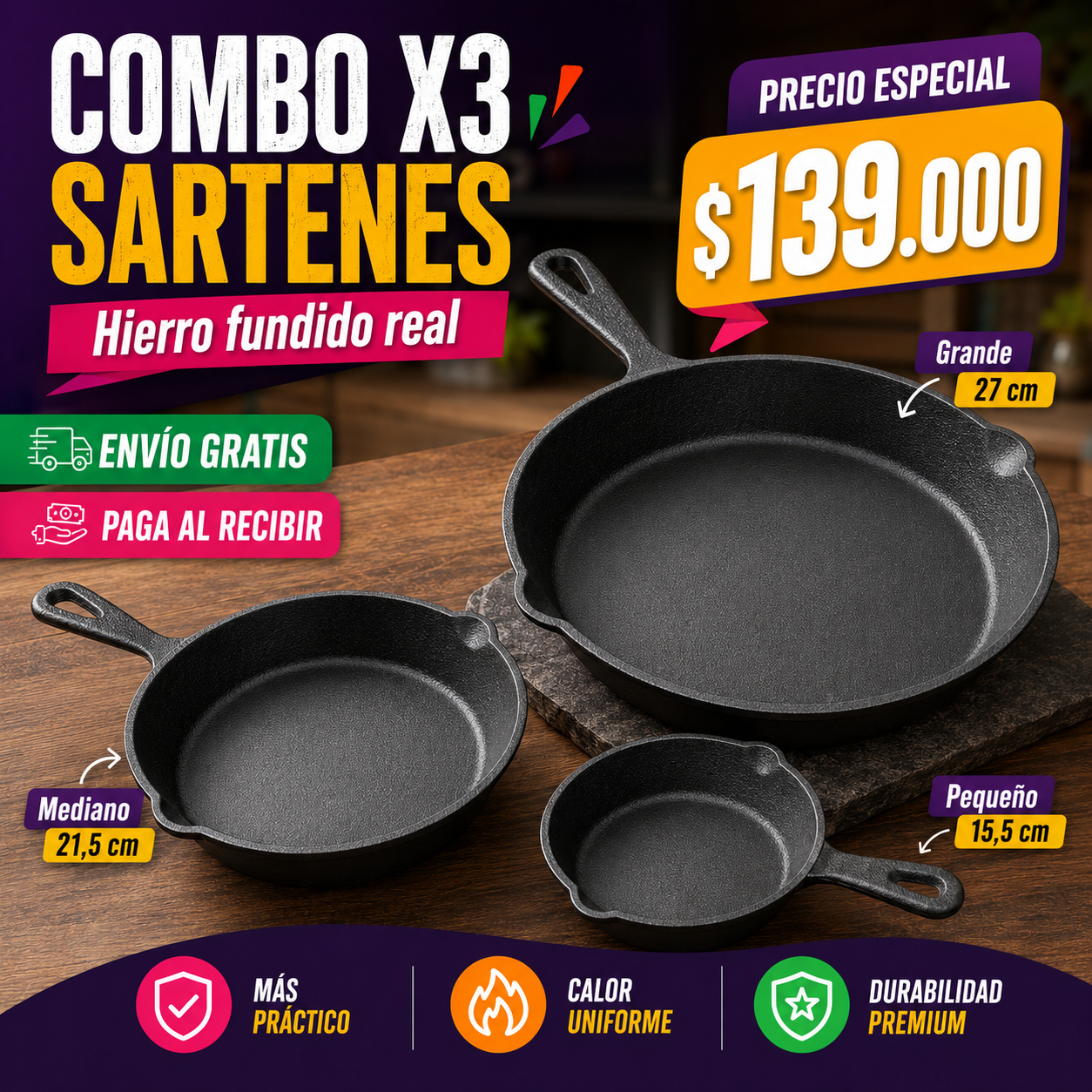 Juego De Sartenes, Hierro Fundido, X 3 Piezas (Grande, mediano y pequeño)