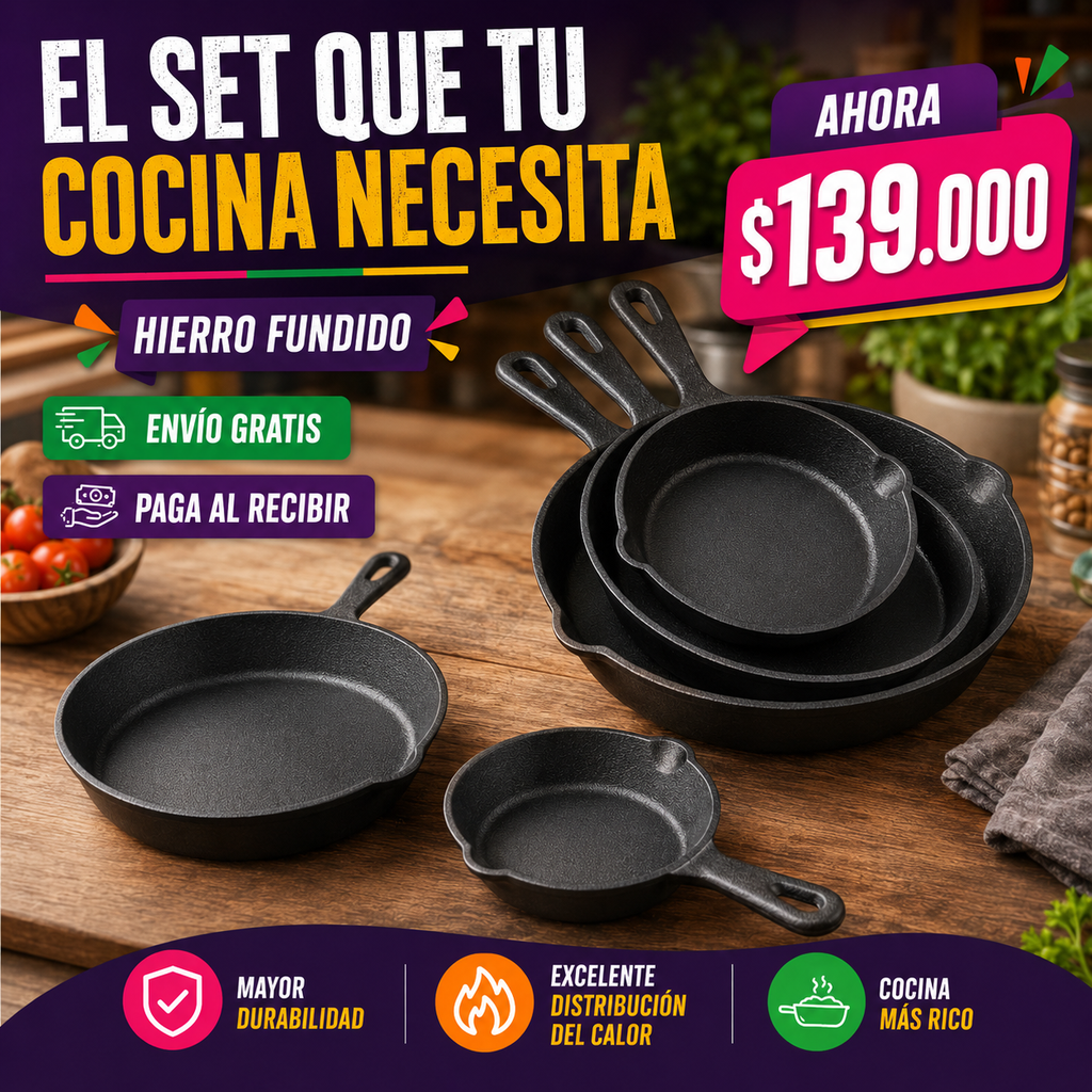 Juego De Sartenes, Hierro Fundido, X 3 Piezas (Grande, mediano y pequeño)