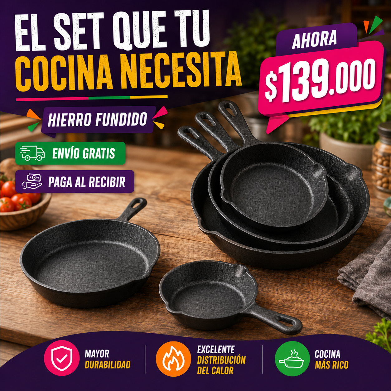 Juego De Sartenes, Hierro Fundido, X 3 Piezas (Grande, mediano y pequeño)
