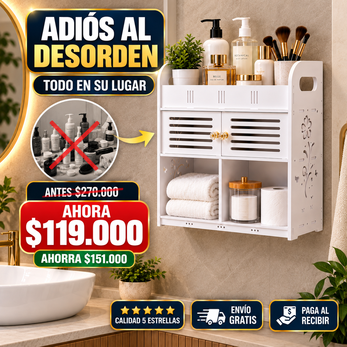 Gabinete Organizador Premium para Baño Con Repisas y Compartimento Cerrado