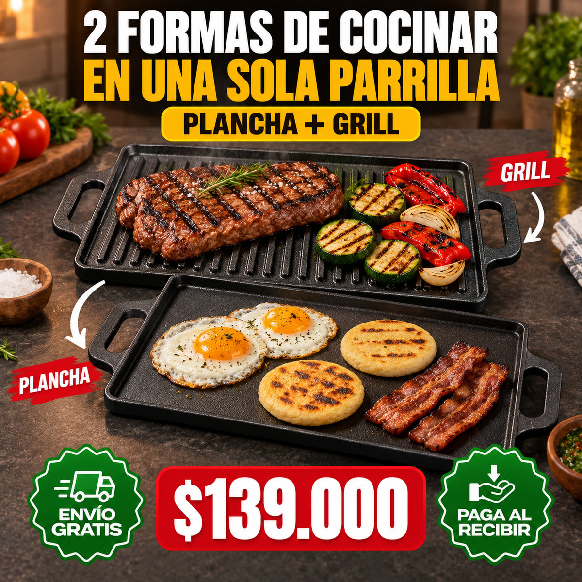 🔥 Parrilla de Hierro Fundido Reversible 2 en 1 | Lado Parrilla + Lado Liso