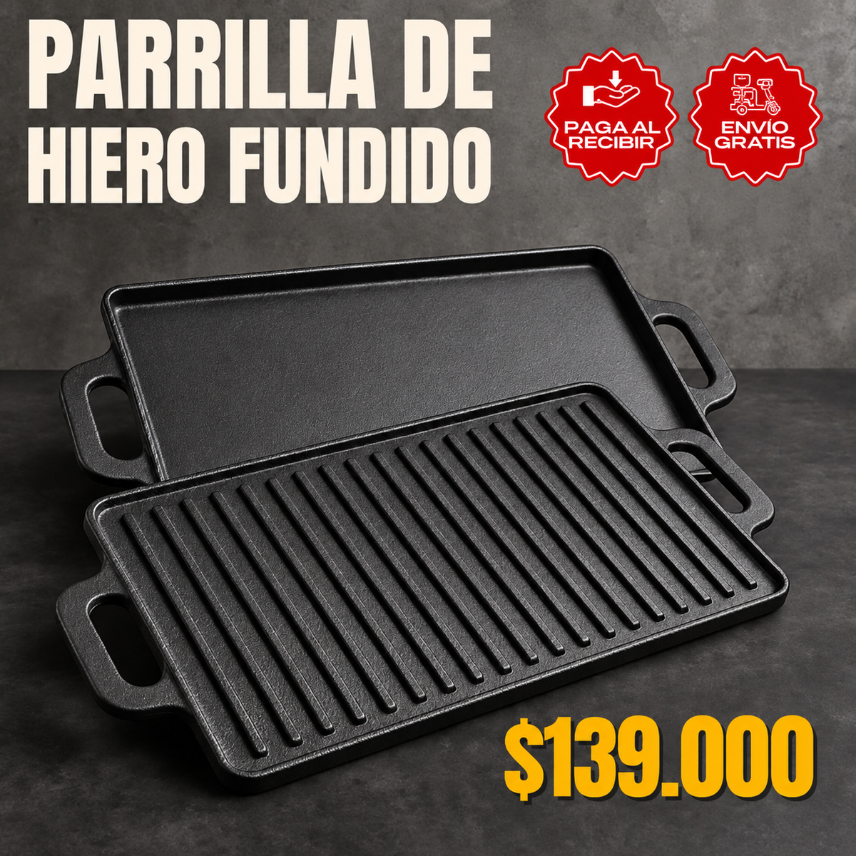 🔥 Parrilla de Hierro Fundido Reversible 2 en 1 | Lado Parrilla + Lado Liso