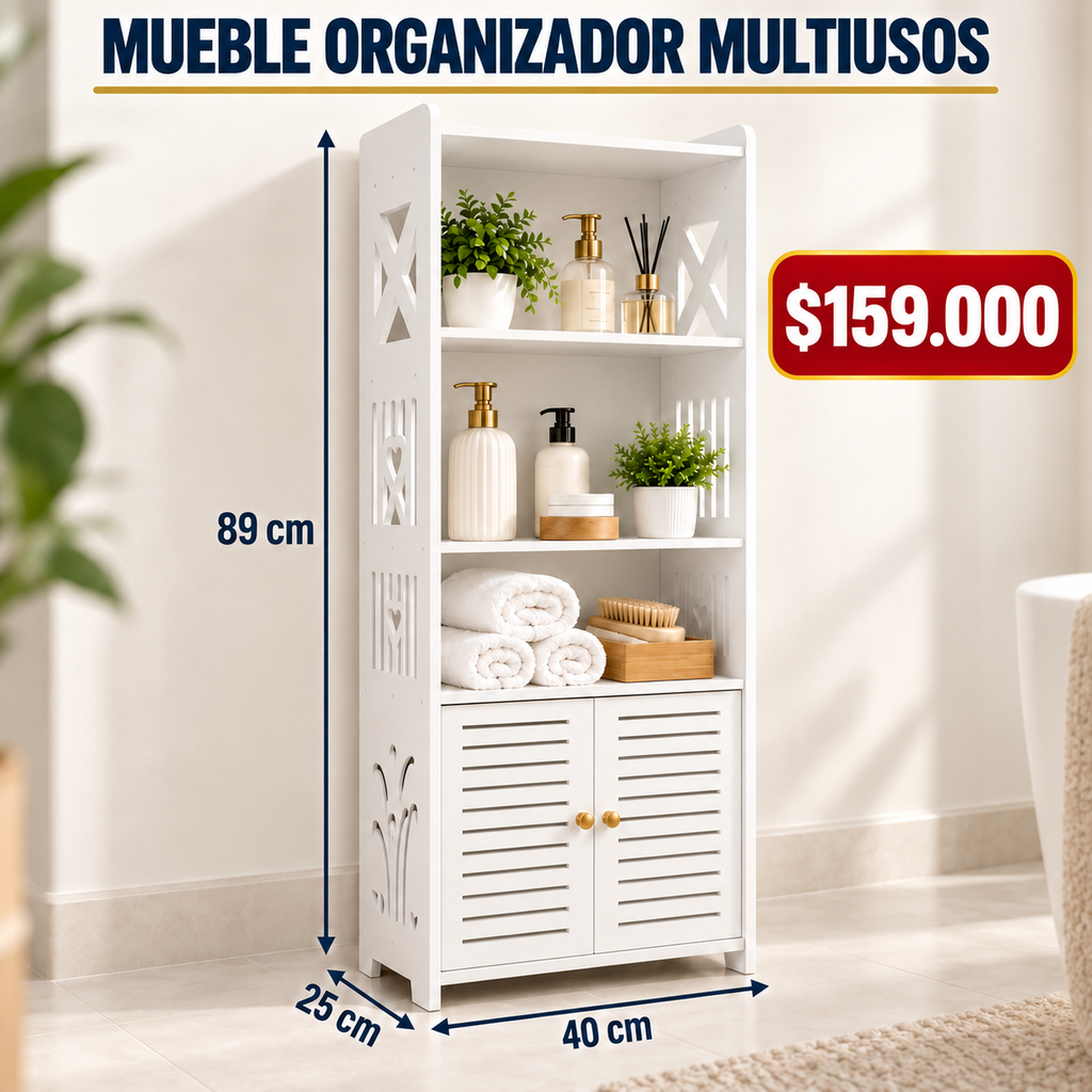 🧺 Organizador Multiusos en Madera PVC 🚪 Puertas y estantes | 💧 Resistente a la humedad | ✨ Fácil de limpiar | 📏 Compacto y funcional