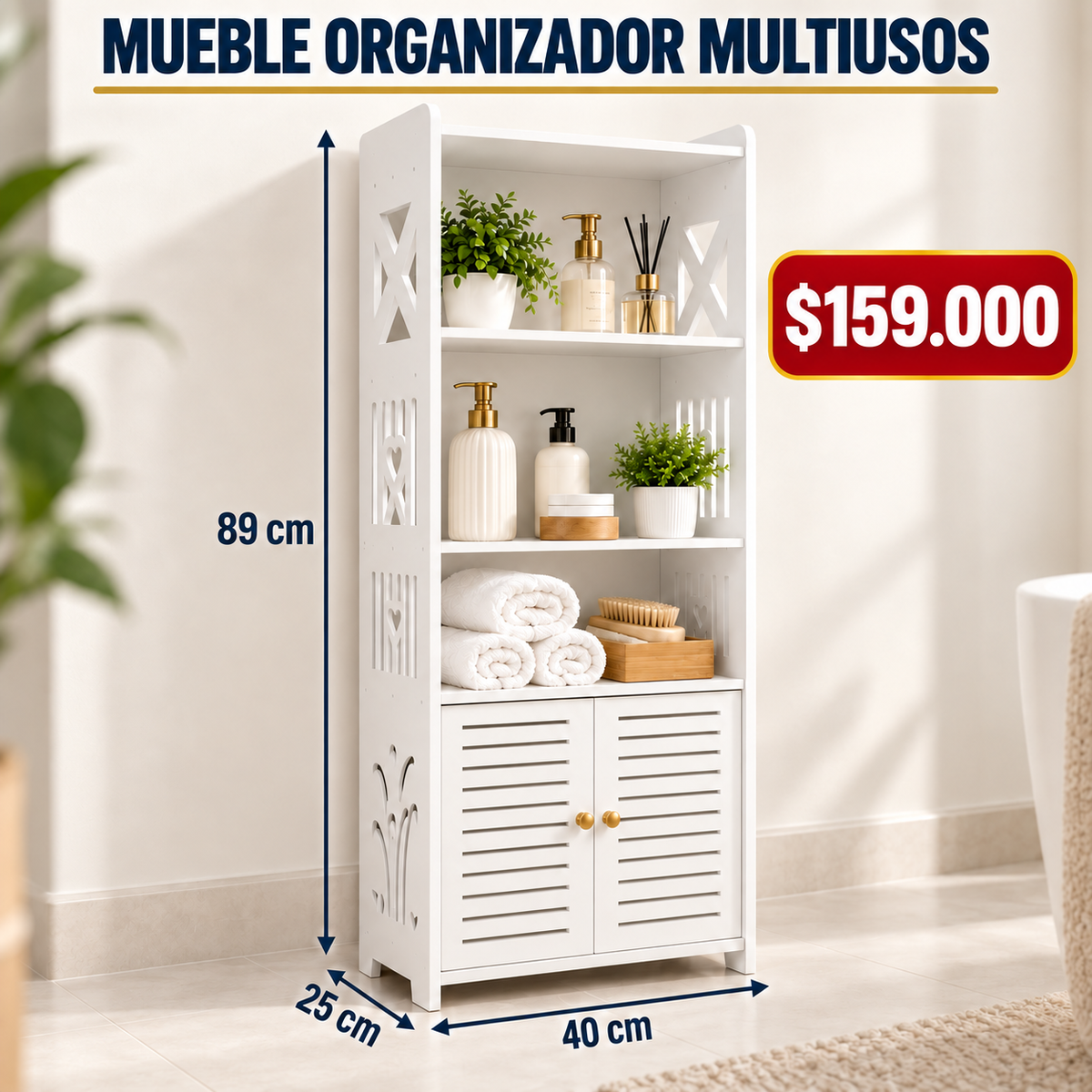 🧺 Organizador Multiusos en Madera PVC 🚪 Puertas y estantes | 💧 Resistente a la humedad | ✨ Fácil de limpiar | 📏 Compacto y funcional