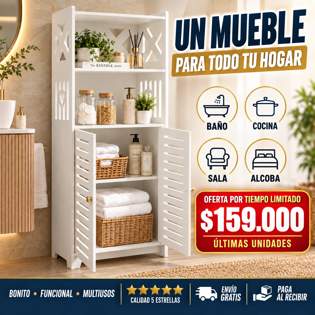 🧺 Organizador Multiusos en Madera PVC 🚪 Puertas y estantes | 💧 Resistente a la humedad | ✨ Fácil de limpiar | 📏 Compacto y funcional
