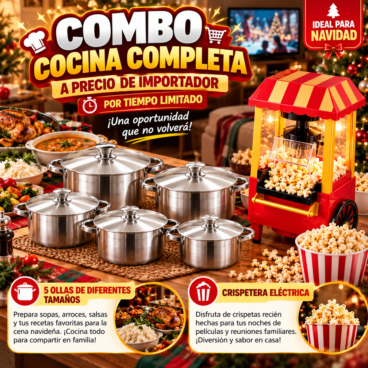 Crispetera Electrica y juego de 5 ollas con tapas diferentes tamaños
