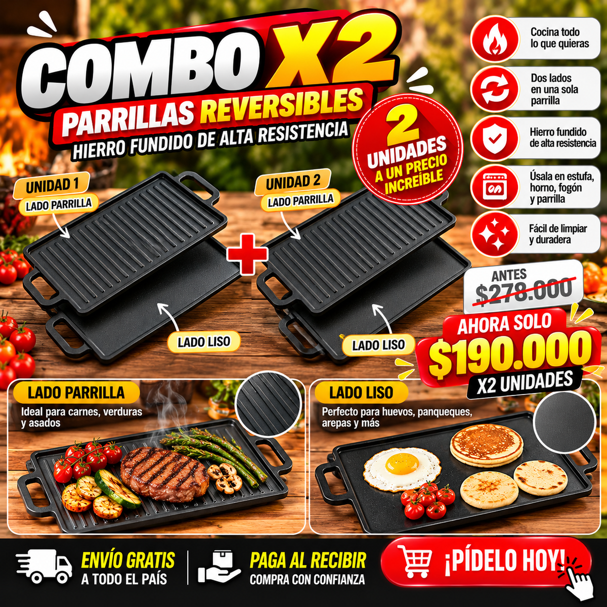 🔥 Parrilla de Hierro Fundido Reversible 2 en 1 | Lado Parrilla + Lado Liso