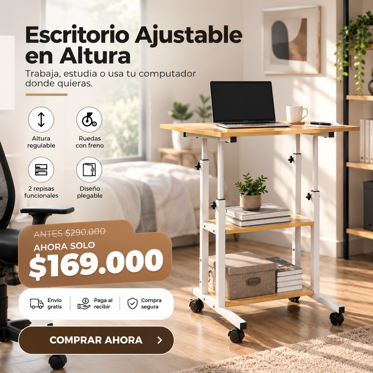 Escritorio de Altura Ajustable con Ruedas y Repisas 89*80*40