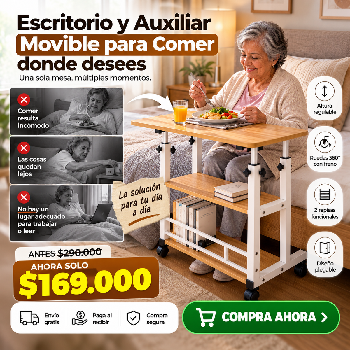 Escritorio de Altura Ajustable con Ruedas y Repisas 89*80*40