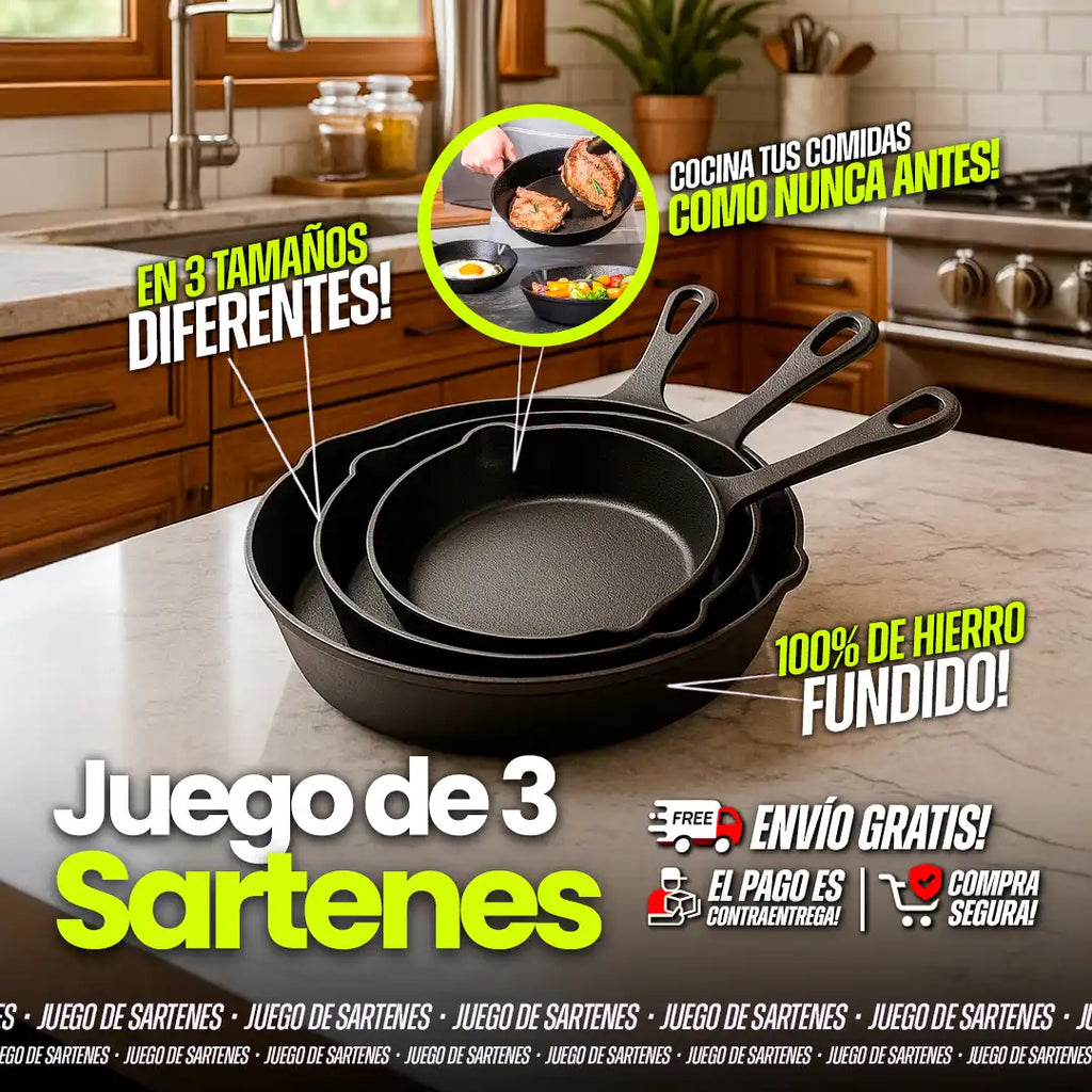 Juego De Sartenes, Hierro Fundido, X 3 Piezas (Grande, mediano y pequeño)