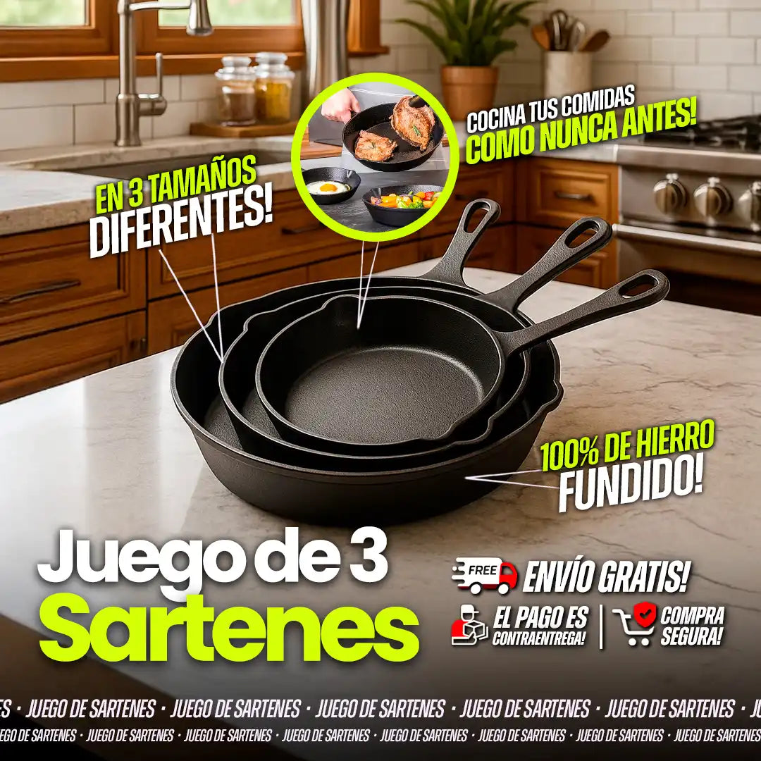 Juego De Sartenes, Hierro Fundido, X 3 Piezas (Grande, mediano y pequeño)