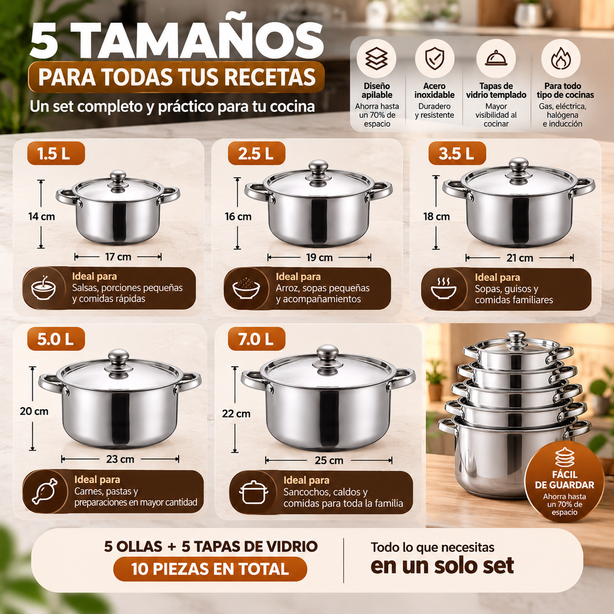 5 tamaños diferentes + 5 tapas| Diseño apilable para ahorrar espacio