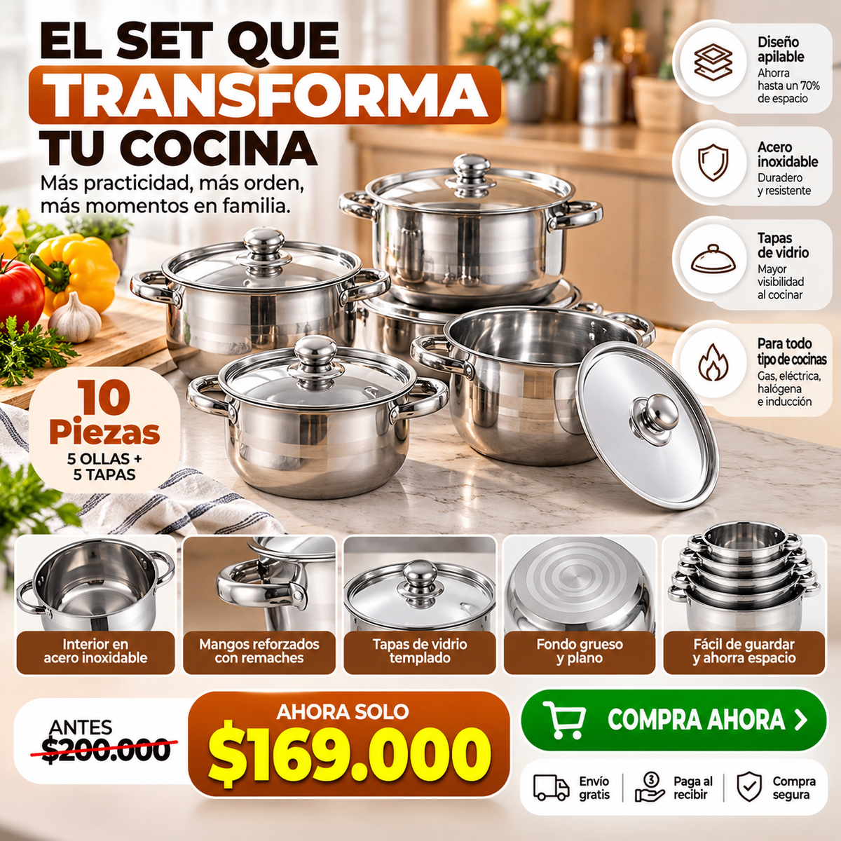 5 tamaños diferentes + 5 tapas| Diseño apilable para ahorrar espacio