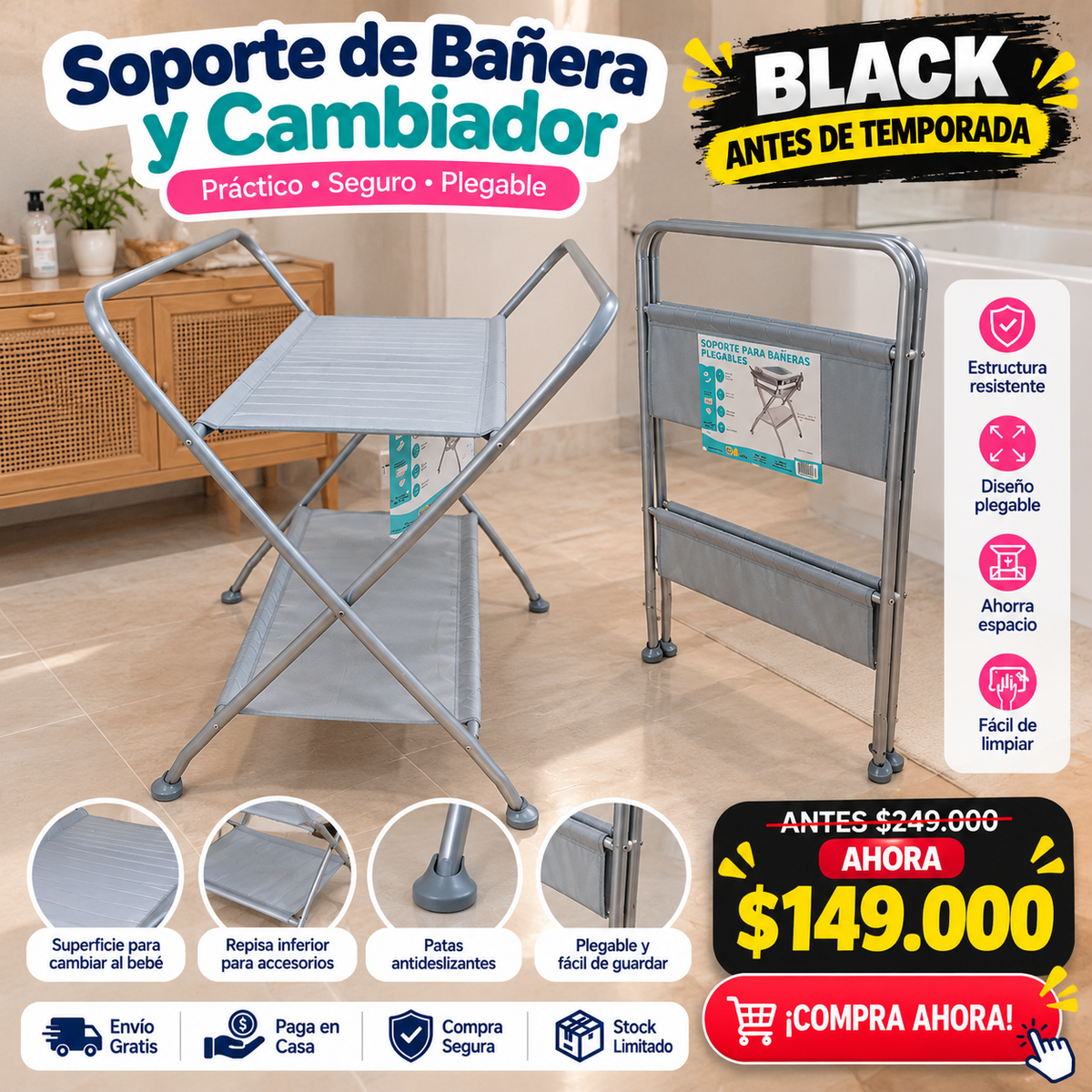 🍼👶 ¡ESCOGE TU PROMO BLACK! Soporte Cambiador $149.000 o Combo con Bañera Unisex Azul Cielo $199.000 🔥 ¡Aprovecha antes de temporada!