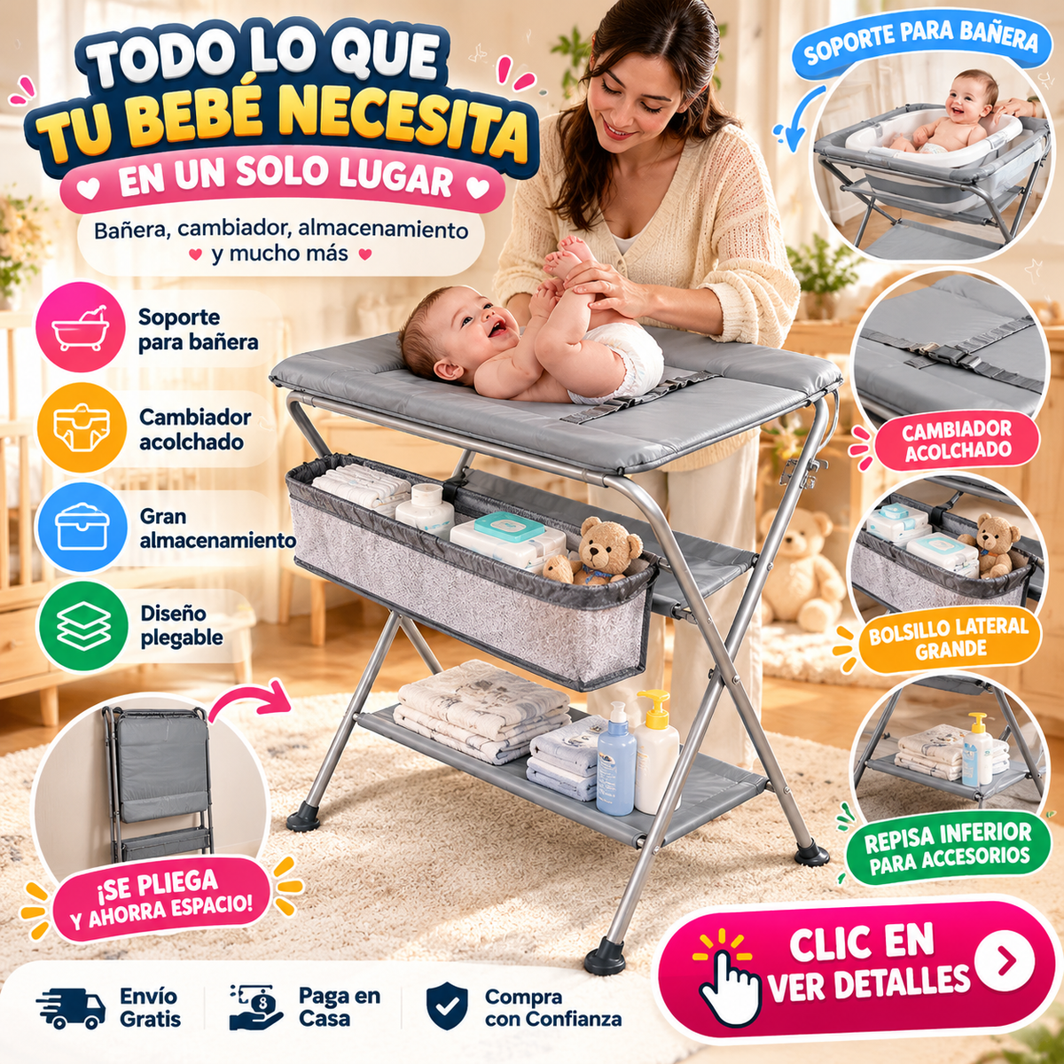 🍼👶👧 ¡ESCOGE TU COMBO IDEAL! 👦 Soporte Cambiador | 🛁 Cambiador + Bañera Unisex 🎀