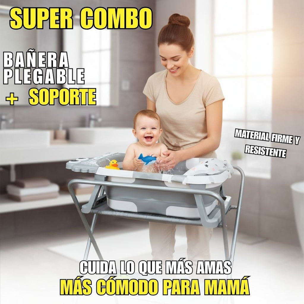 Bañera Plegable con Soporte Alto, Cojín Acolchado y termómetro