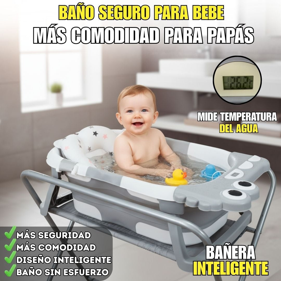 Bañera Plegable con Soporte Alto, Cojín Acolchado y termómetro