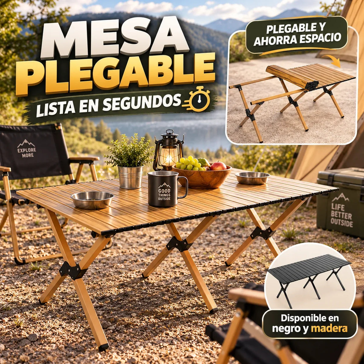 Mesa Plegable Portátil para Camping y Hogar | Tipo Madera